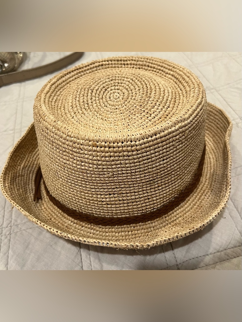 Talbots Natural Straw Bucket Hat with Brown Braided Band